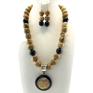 Jay King Necklace Earrings Set Onyx Jasper Sterling Silver Beaded 925 Black Tan